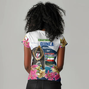 Equatorial Guinea Independence Day Mandrill Women V-Neck T-Shirt Patriotic Floral African Pride Map