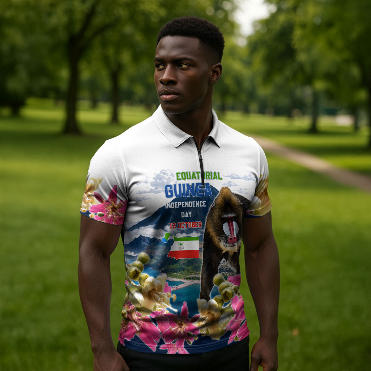 Equatorial Guinea Independence Day Mandrill Zipper Polo Shirt Patriotic Floral African Pride Map