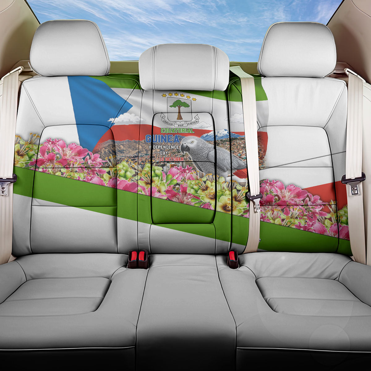 Equatorial Guinea Independence Day Parrot Back Car Seat Cover Patriotic Flag Coat Of Arms Tropical Floral