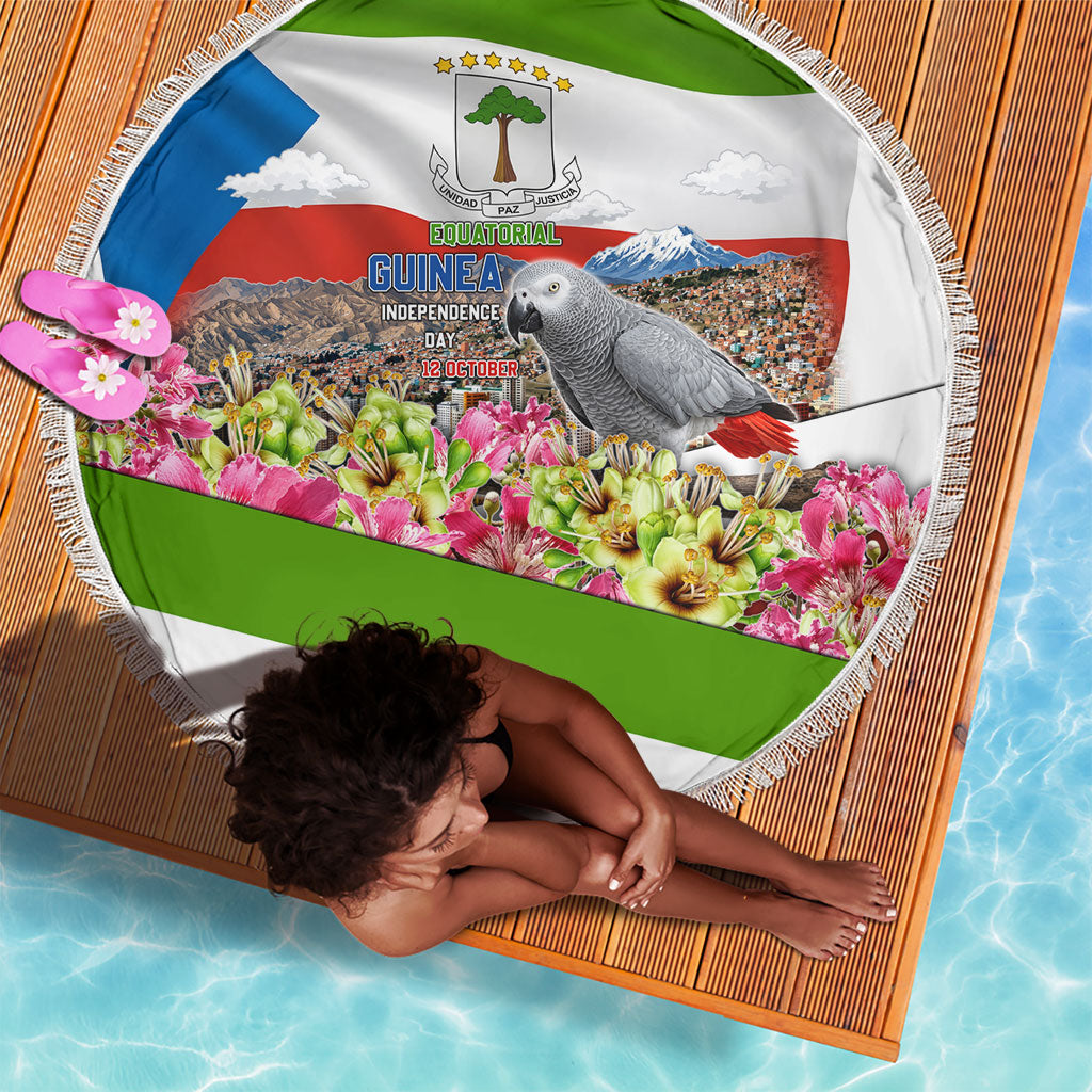 Equatorial Guinea Independence Day Parrot Beach Blanket Patriotic Flag Coat Of Arms Tropical Floral
