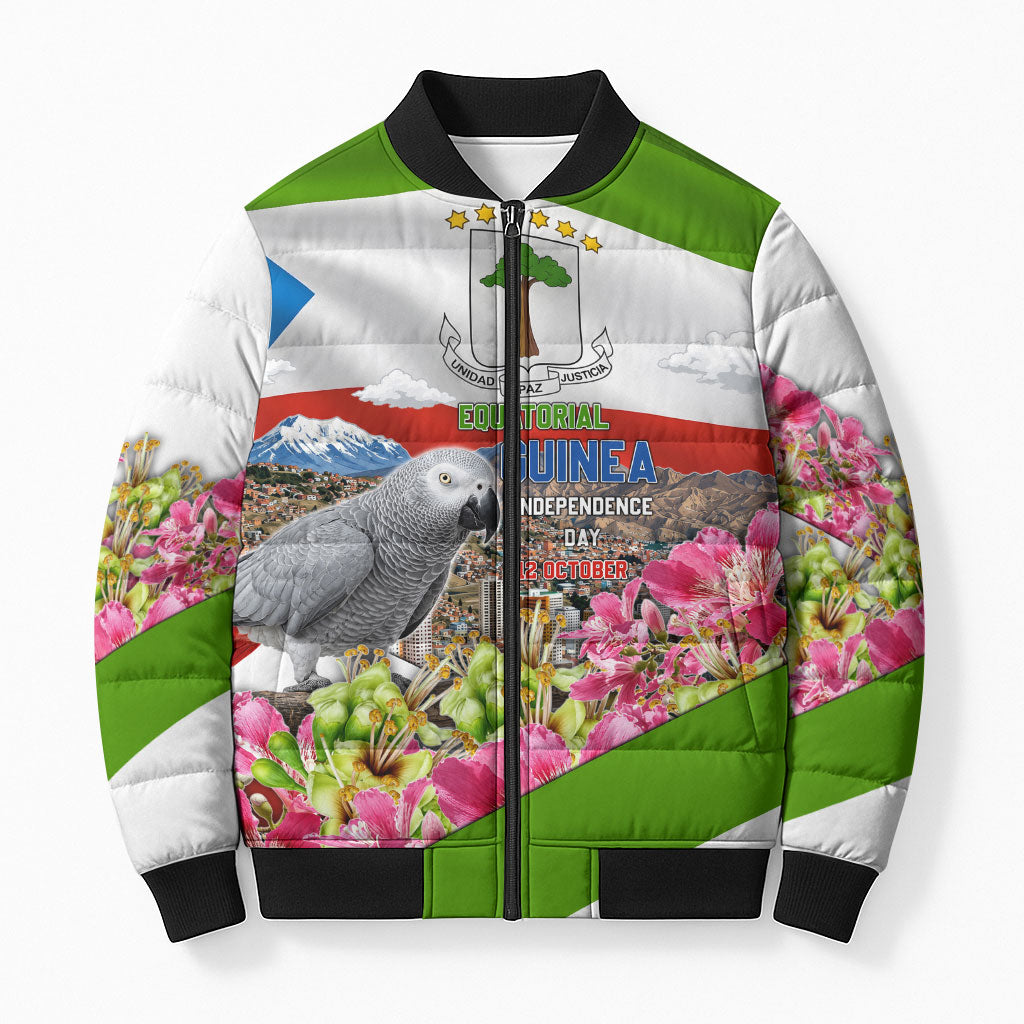 Equatorial Guinea Independence Day Parrot Bomber Puffer Jacket Patriotic Flag Coat Of Arms Tropical Floral