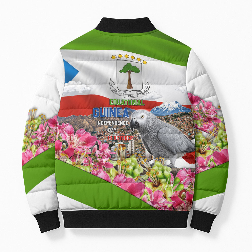 Equatorial Guinea Independence Day Parrot Bomber Puffer Jacket Patriotic Flag Coat Of Arms Tropical Floral