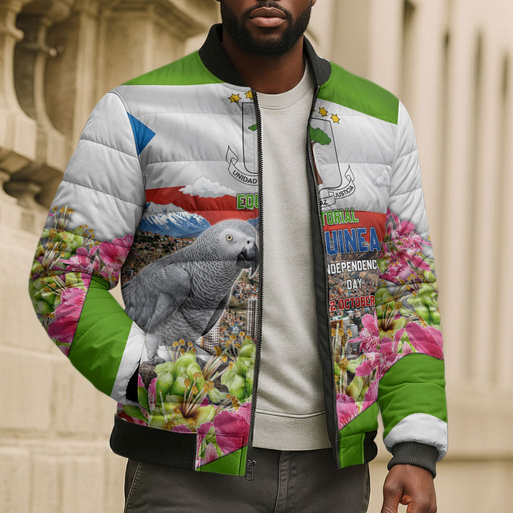 Equatorial Guinea Independence Day Parrot Bomber Puffer Jacket Patriotic Flag Coat Of Arms Tropical Floral