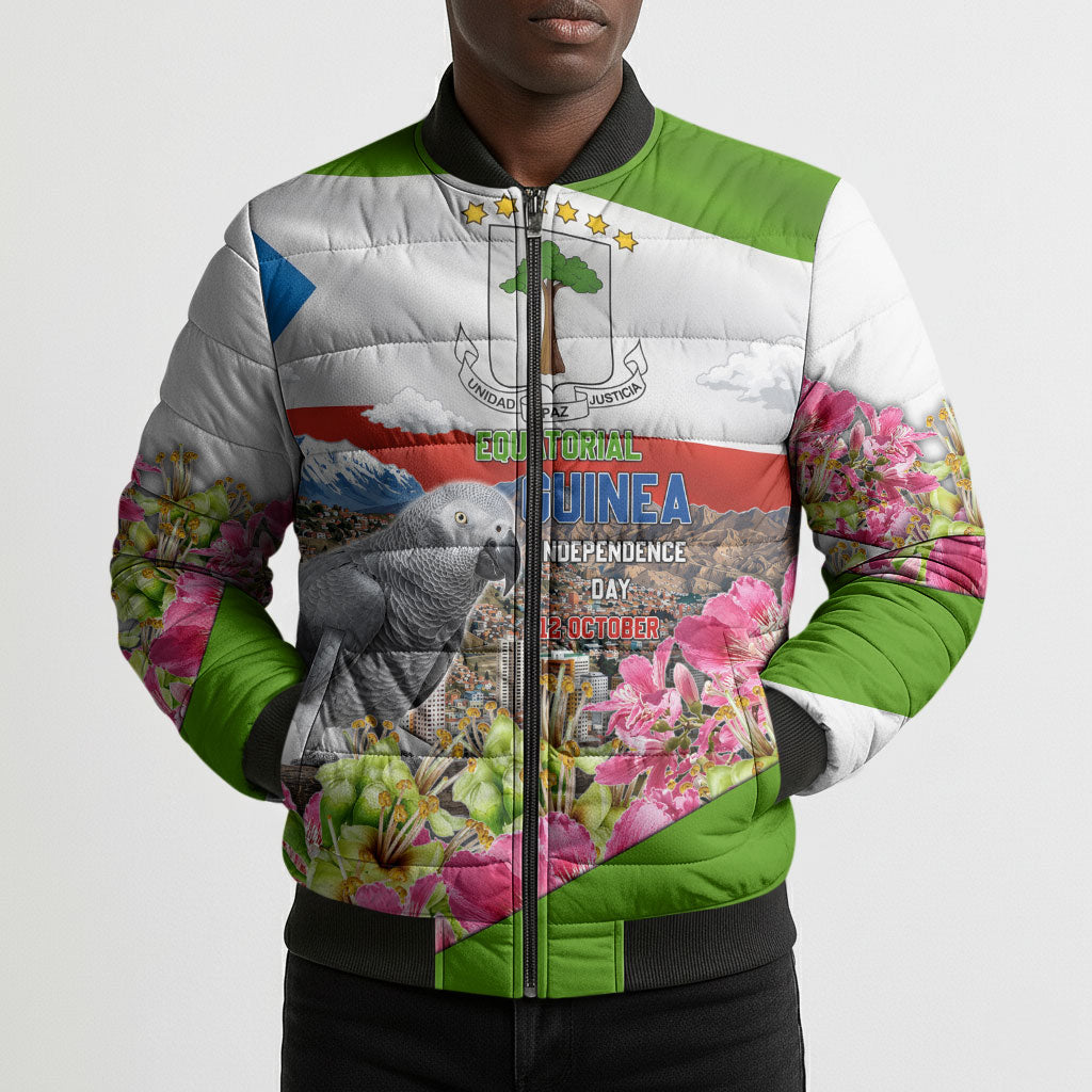 Equatorial Guinea Independence Day Parrot Bomber Puffer Jacket Patriotic Flag Coat Of Arms Tropical Floral