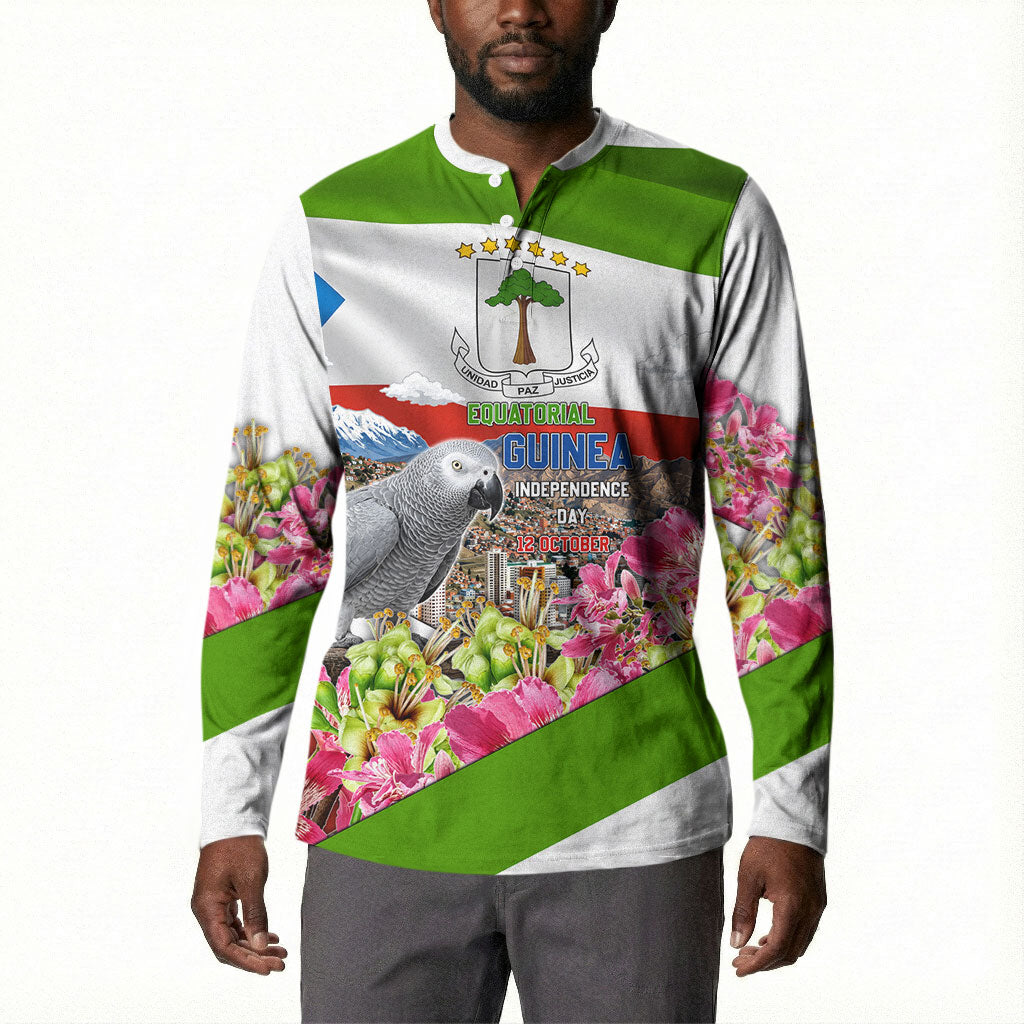 Equatorial Guinea Independence Day Parrot Button Sweatshirt Patriotic Flag Coat Of Arms Tropical Floral