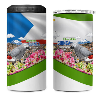 Equatorial Guinea Independence Day Parrot 4 in 1 Can Cooler Tumbler Patriotic Flag Coat Of Arms Tropical Floral