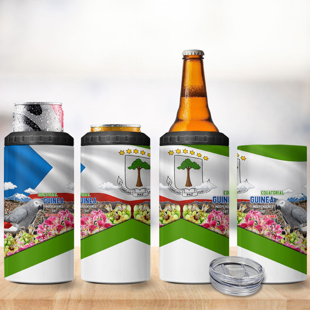 Equatorial Guinea Independence Day Parrot 4 in 1 Can Cooler Tumbler Patriotic Flag Coat Of Arms Tropical Floral