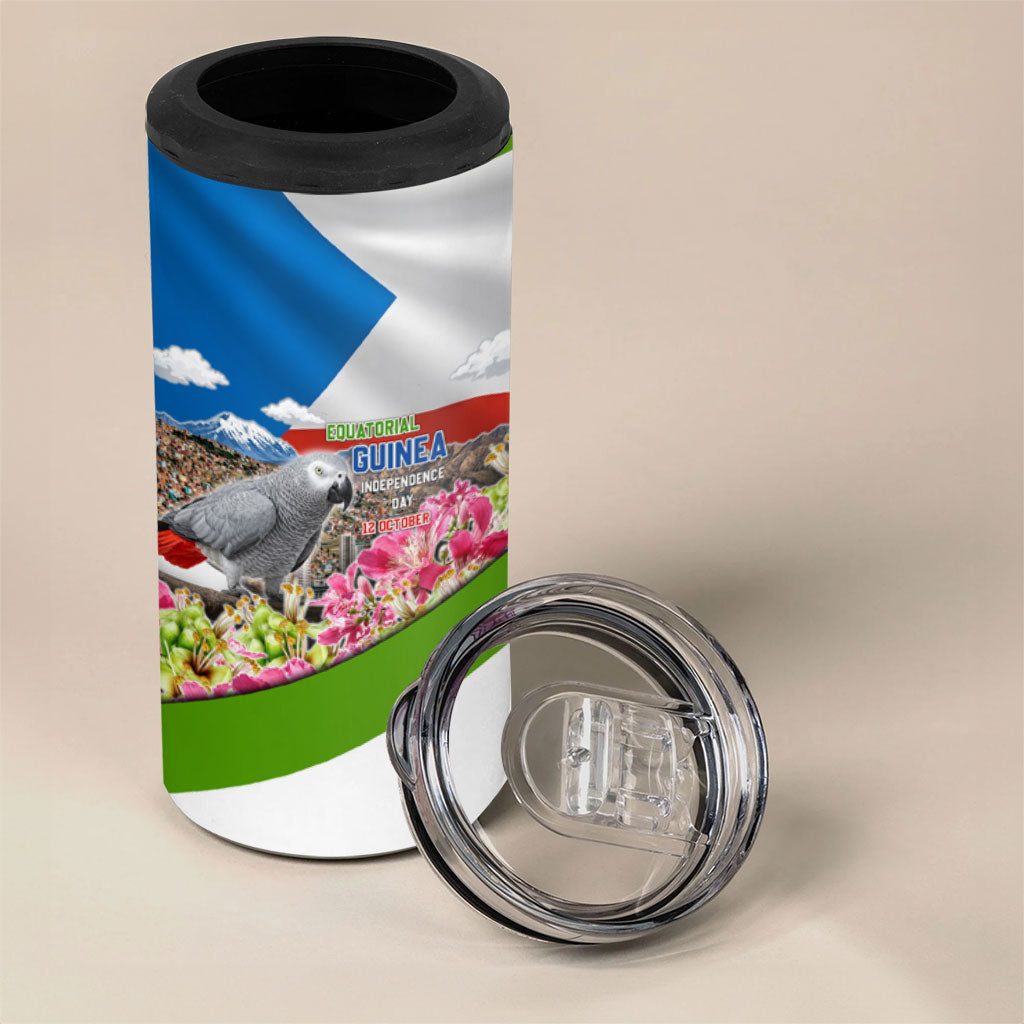 Equatorial Guinea Independence Day Parrot 4 in 1 Can Cooler Tumbler Patriotic Flag Coat Of Arms Tropical Floral
