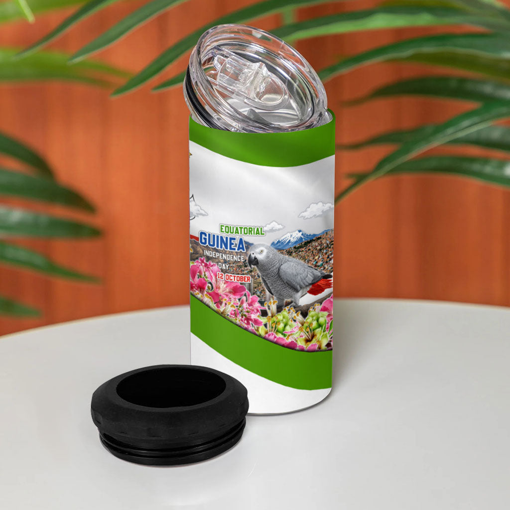 Equatorial Guinea Independence Day Parrot 4 in 1 Can Cooler Tumbler Patriotic Flag Coat Of Arms Tropical Floral