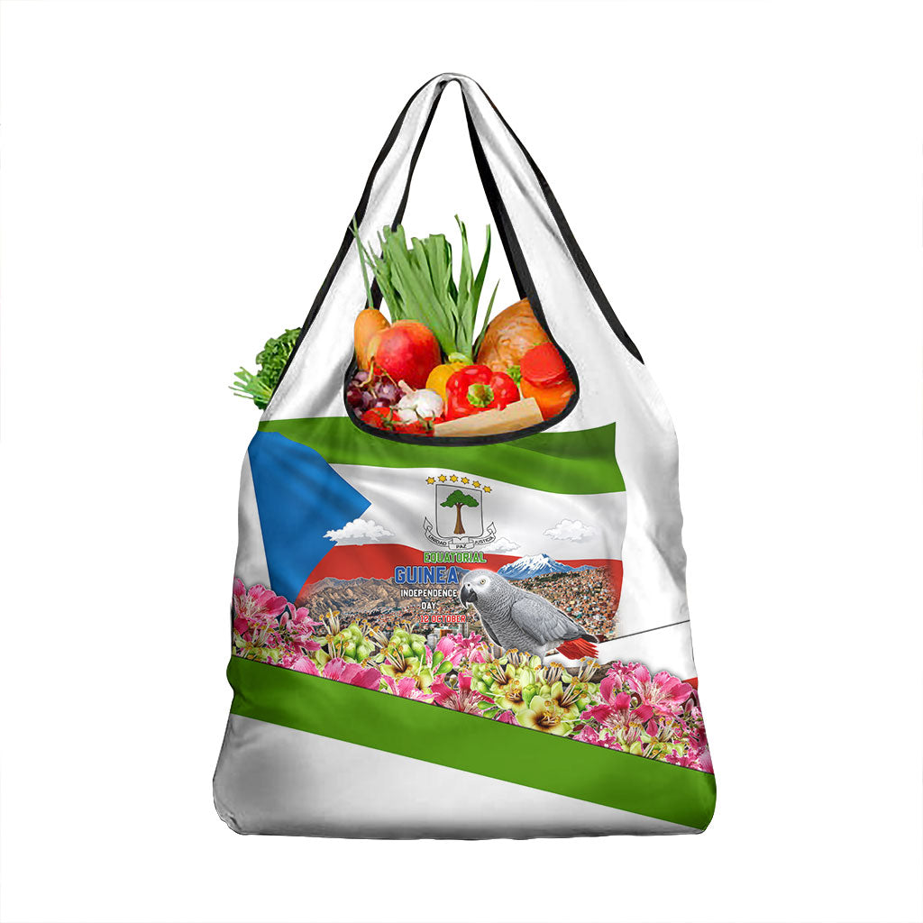 Equatorial Guinea Independence Day Parrot Grocery Bag Patriotic Flag Coat Of Arms Tropical Floral
