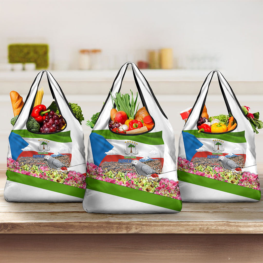 Equatorial Guinea Independence Day Parrot Grocery Bag Patriotic Flag Coat Of Arms Tropical Floral