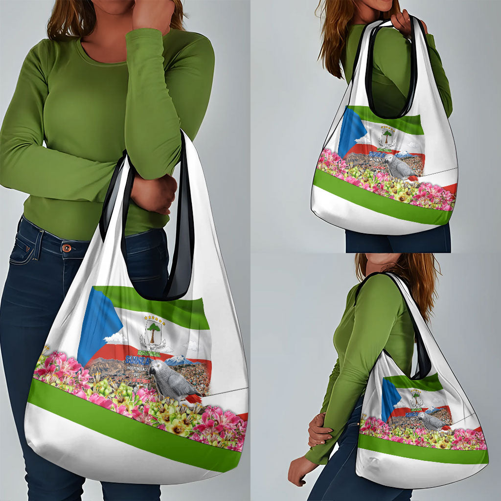 Equatorial Guinea Independence Day Parrot Grocery Bag Patriotic Flag Coat Of Arms Tropical Floral