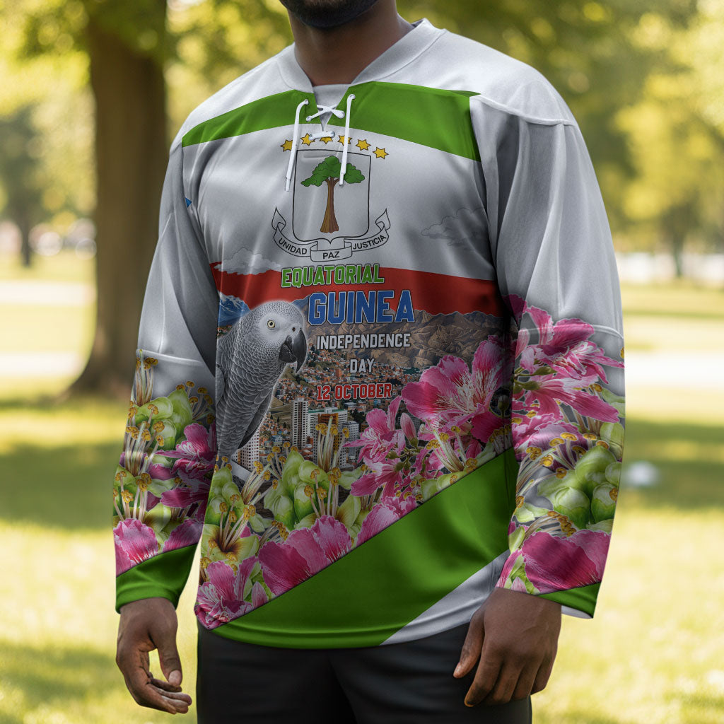 Equatorial Guinea Independence Day Parrot Hockey Jersey Patriotic Flag Coat Of Arms Tropical Floral
