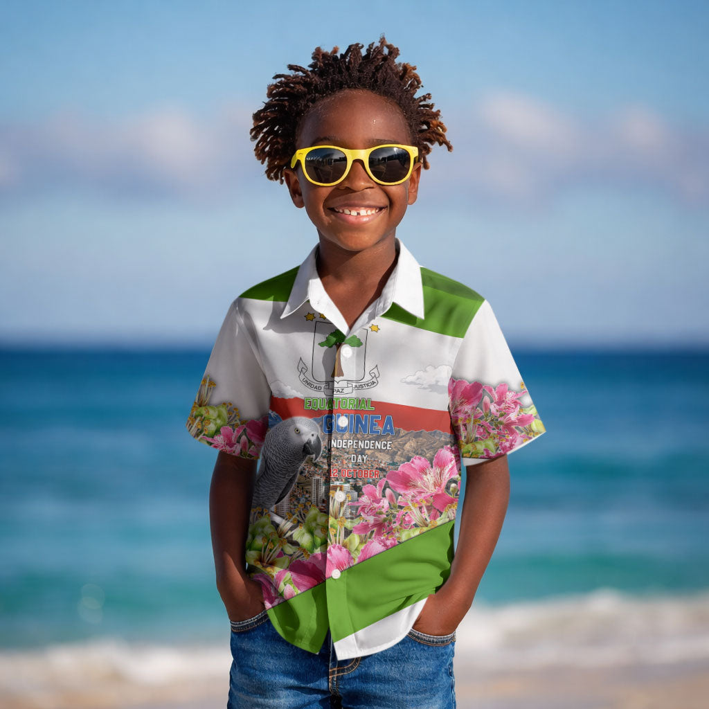 Equatorial Guinea Independence Day Parrot Kid Hawaiian Shirt Patriotic Flag Coat Of Arms Tropical Floral
