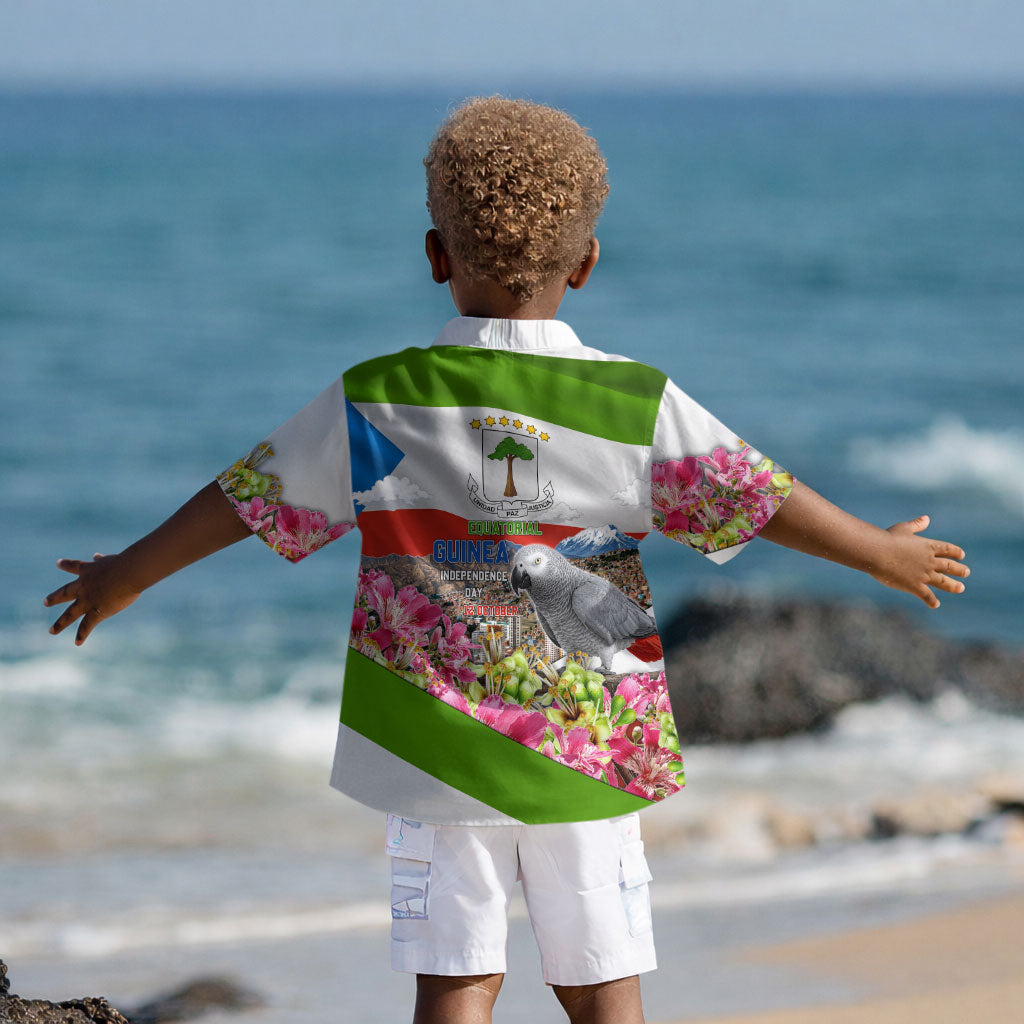 Equatorial Guinea Independence Day Parrot Kid Hawaiian Shirt Patriotic Flag Coat Of Arms Tropical Floral