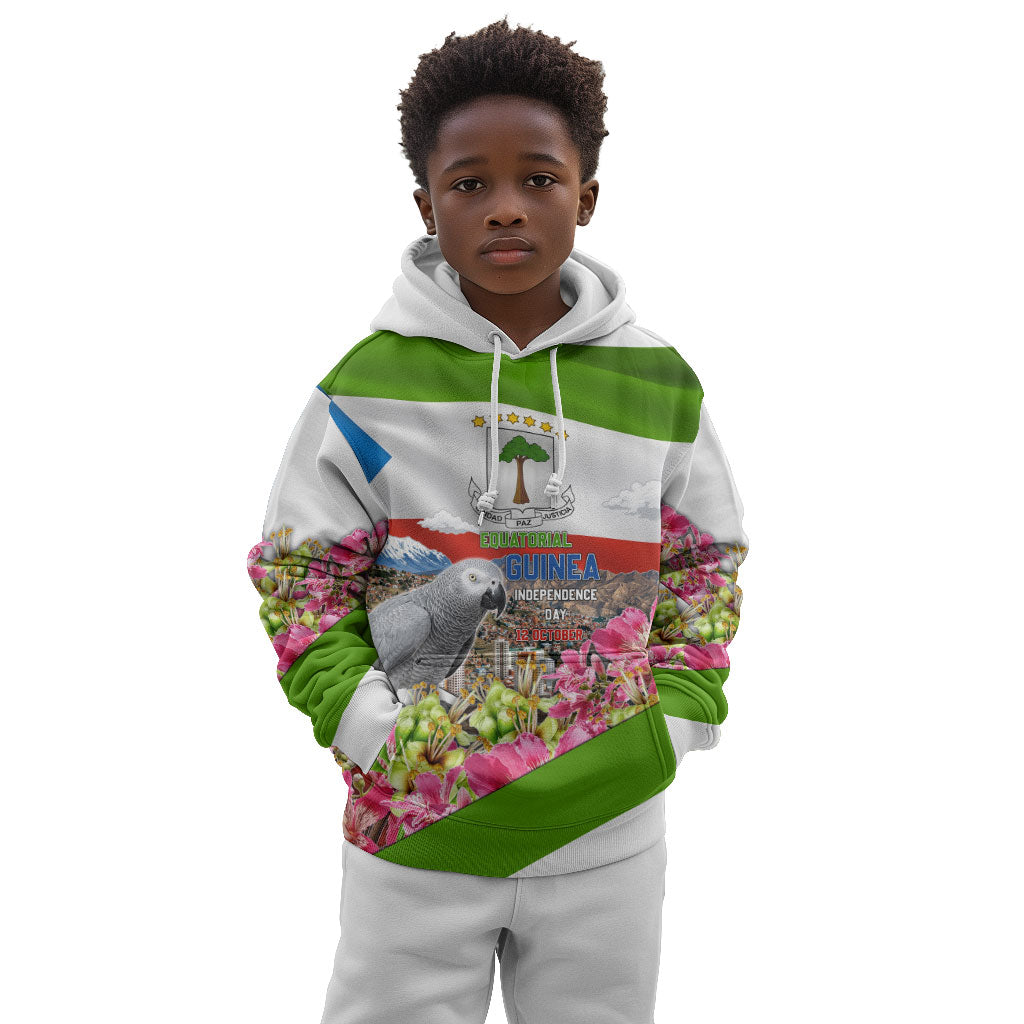 Equatorial Guinea Independence Day Parrot Kid Hoodie Patriotic Flag Coat Of Arms Tropical Floral