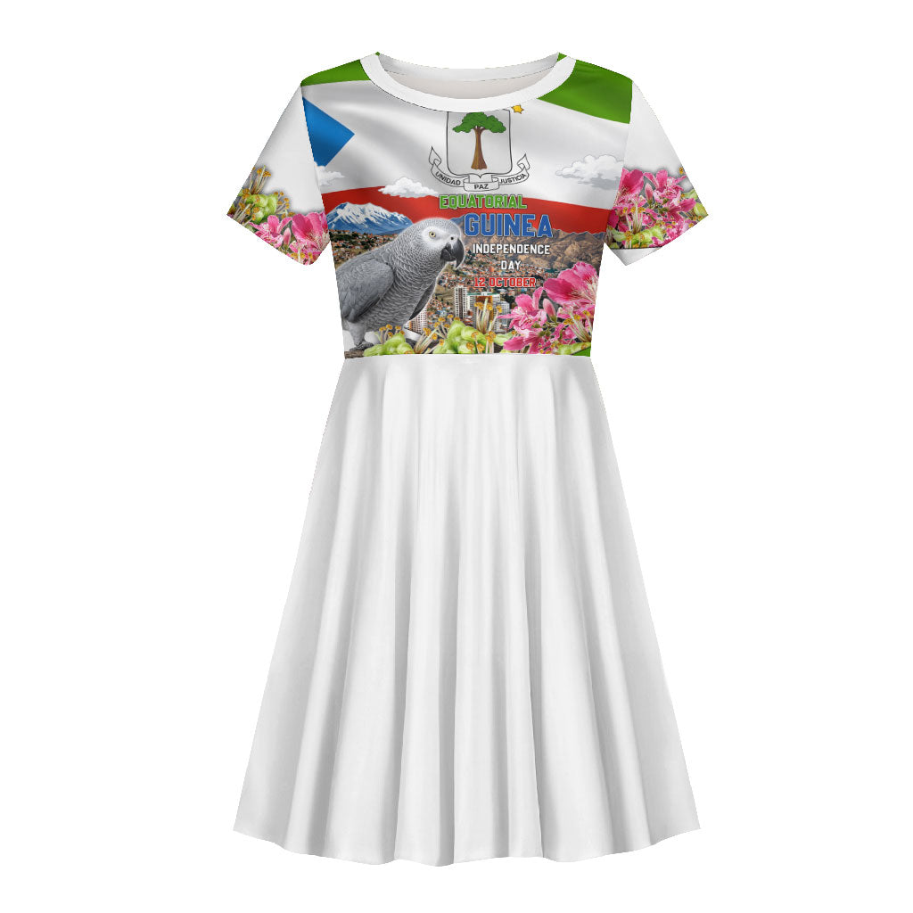 Equatorial Guinea Independence Day Parrot Kid Short Sleeve Dress Patriotic Flag Coat Of Arms Tropical Floral