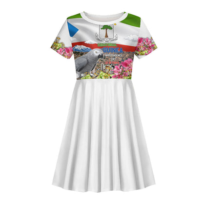 Equatorial Guinea Independence Day Parrot Kid Short Sleeve Dress Patriotic Flag Coat Of Arms Tropical Floral