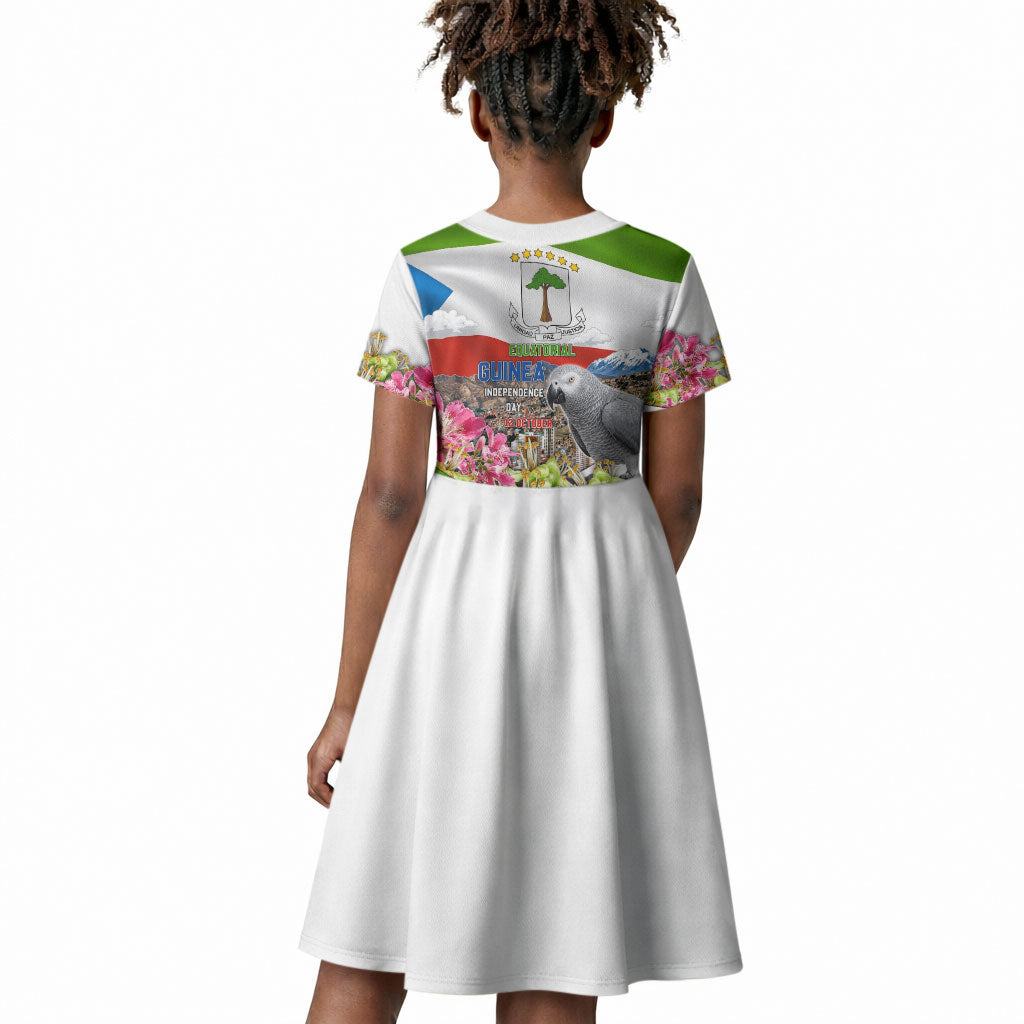 Equatorial Guinea Independence Day Parrot Kid Short Sleeve Dress Patriotic Flag Coat Of Arms Tropical Floral