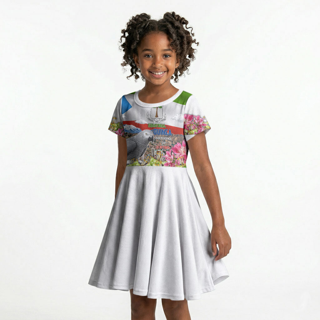 Equatorial Guinea Independence Day Parrot Kid Short Sleeve Dress Patriotic Flag Coat Of Arms Tropical Floral