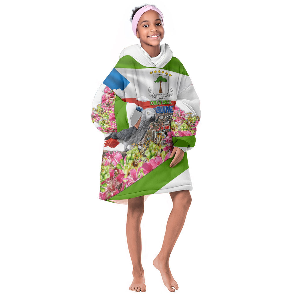 Equatorial Guinea Independence Day Parrot Kid Wearable Blanket Hoodie Patriotic Flag Coat Of Arms Tropical Floral