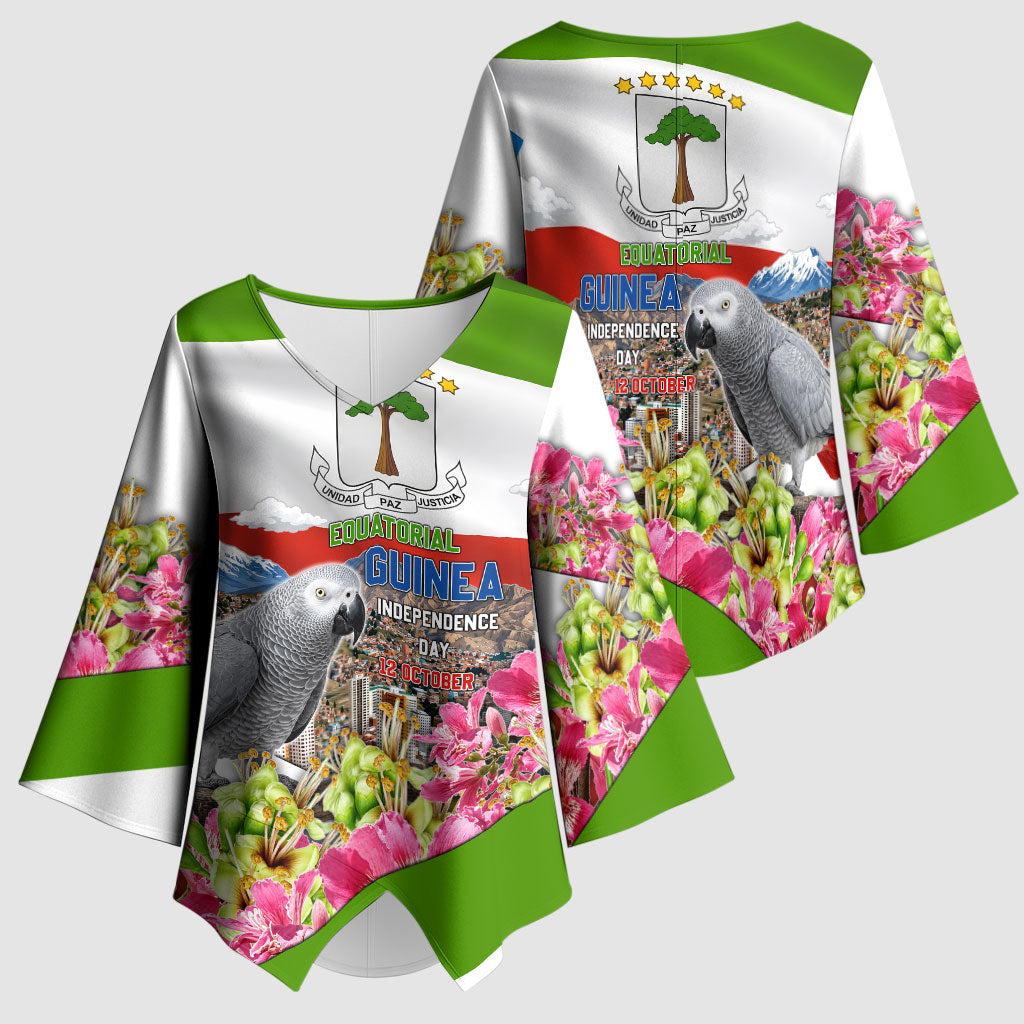 Equatorial Guinea Independence Day Parrot Kimono Sleeve Blouse Patriotic Flag Coat Of Arms Tropical Floral