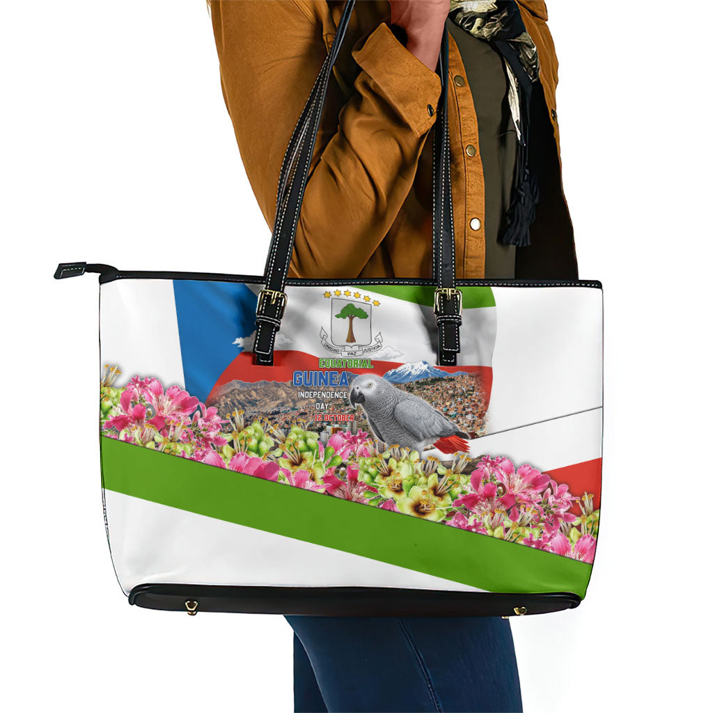 Equatorial Guinea Independence Day Parrot Leather Tote Bag Patriotic Flag Coat Of Arms Tropical Floral