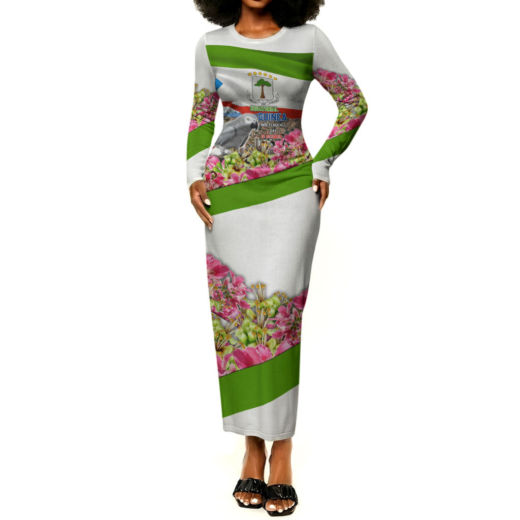 Equatorial Guinea Independence Day Parrot Long Sleeve Bodycon Dress Patriotic Flag Coat Of Arms Tropical Floral