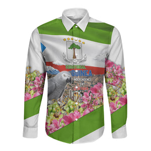 Equatorial Guinea Independence Day Parrot Long Sleeve Button Shirt Patriotic Flag Coat Of Arms Tropical Floral