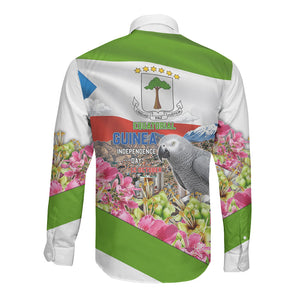 Equatorial Guinea Independence Day Parrot Long Sleeve Button Shirt Patriotic Flag Coat Of Arms Tropical Floral
