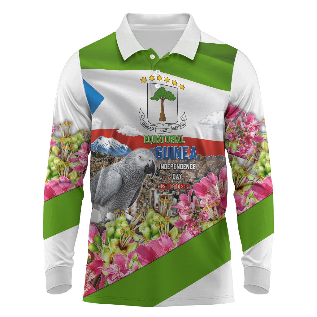 Equatorial Guinea Independence Day Parrot Long Sleeve Polo Shirt Patriotic Flag Coat Of Arms Tropical Floral