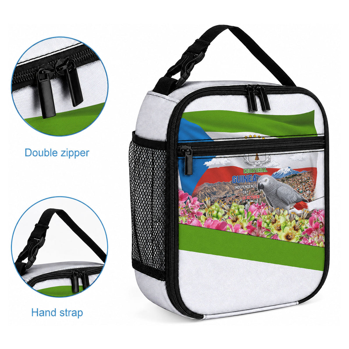 Equatorial Guinea Independence Day Parrot Lunch Bag Patriotic Flag Coat Of Arms Tropical Floral