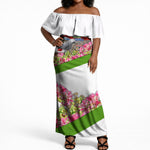Equatorial Guinea Independence Day Parrot Off Shoulder Maxi Dress Patriotic Flag Coat Of Arms Tropical Floral