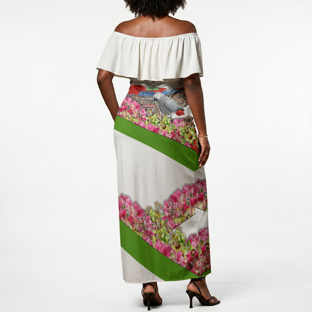 Equatorial Guinea Independence Day Parrot Off Shoulder Maxi Dress Patriotic Flag Coat Of Arms Tropical Floral