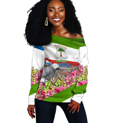 Equatorial Guinea Independence Day Parrot Off Shoulder Sweater Patriotic Flag Coat Of Arms Tropical Floral