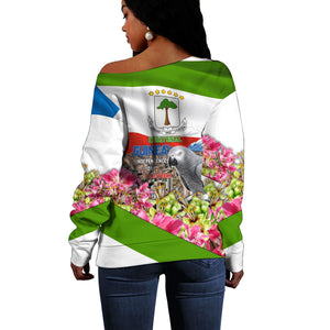 Equatorial Guinea Independence Day Parrot Off Shoulder Sweater Patriotic Flag Coat Of Arms Tropical Floral