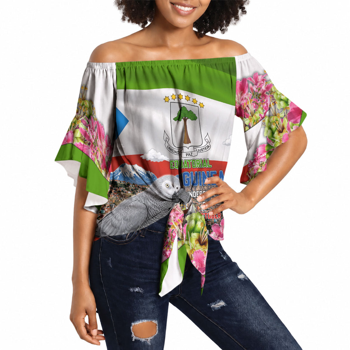 Equatorial Guinea Independence Day Parrot Off Shoulder Wrap Waist Top Patriotic Flag Coat Of Arms Tropical Floral
