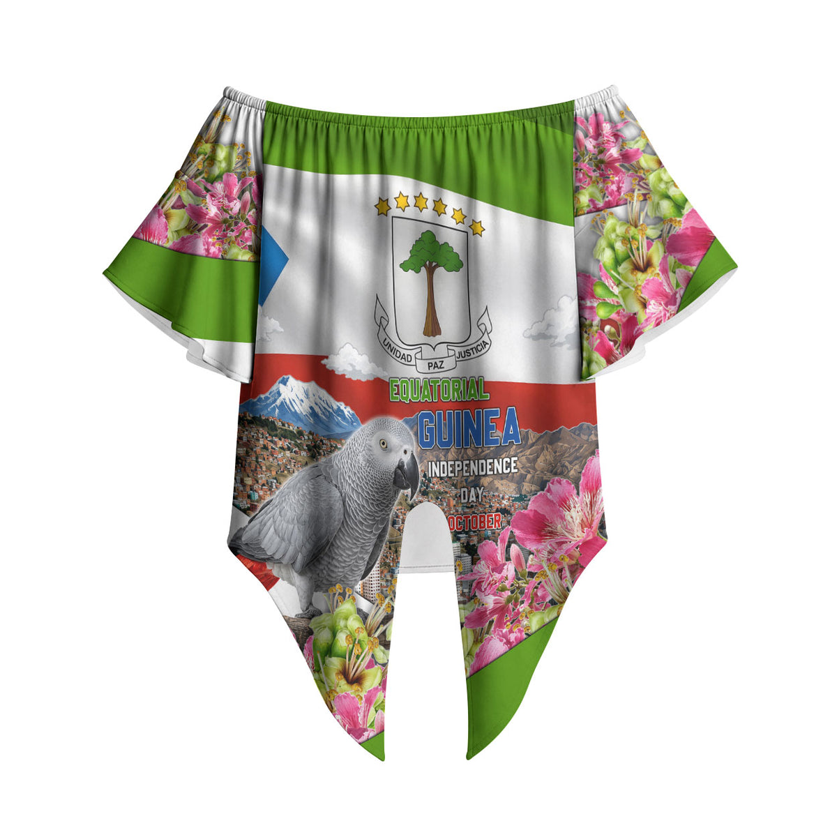 Equatorial Guinea Independence Day Parrot Off Shoulder Wrap Waist Top Patriotic Flag Coat Of Arms Tropical Floral