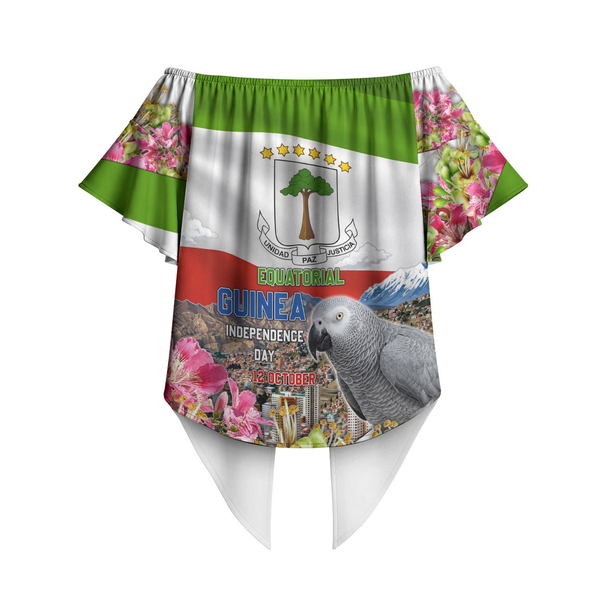 Equatorial Guinea Independence Day Parrot Off Shoulder Wrap Waist Top Patriotic Flag Coat Of Arms Tropical Floral