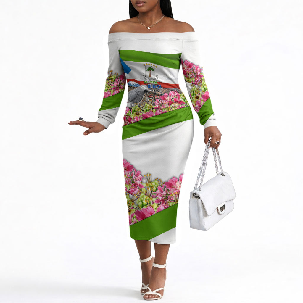 Equatorial Guinea Independence Day Parrot Off The Shoulder Long Sleeve Dress Patriotic Flag Coat Of Arms Tropical Floral