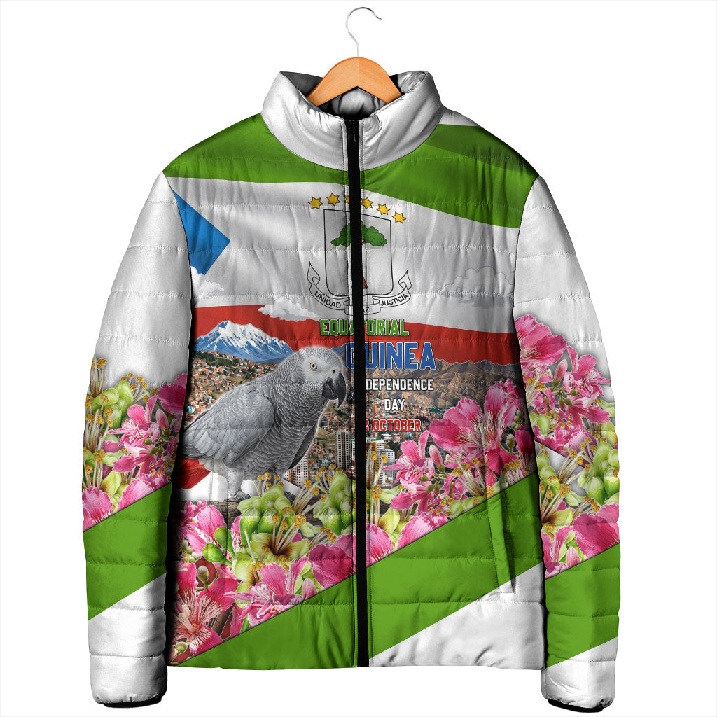 Equatorial Guinea Independence Day Parrot Padded Jacket Patriotic Flag Coat Of Arms Tropical Floral