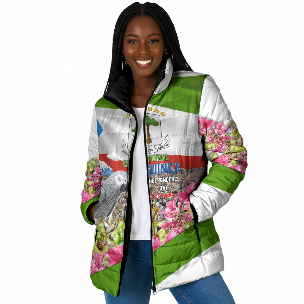 Equatorial Guinea Independence Day Parrot Padded Jacket Patriotic Flag Coat Of Arms Tropical Floral