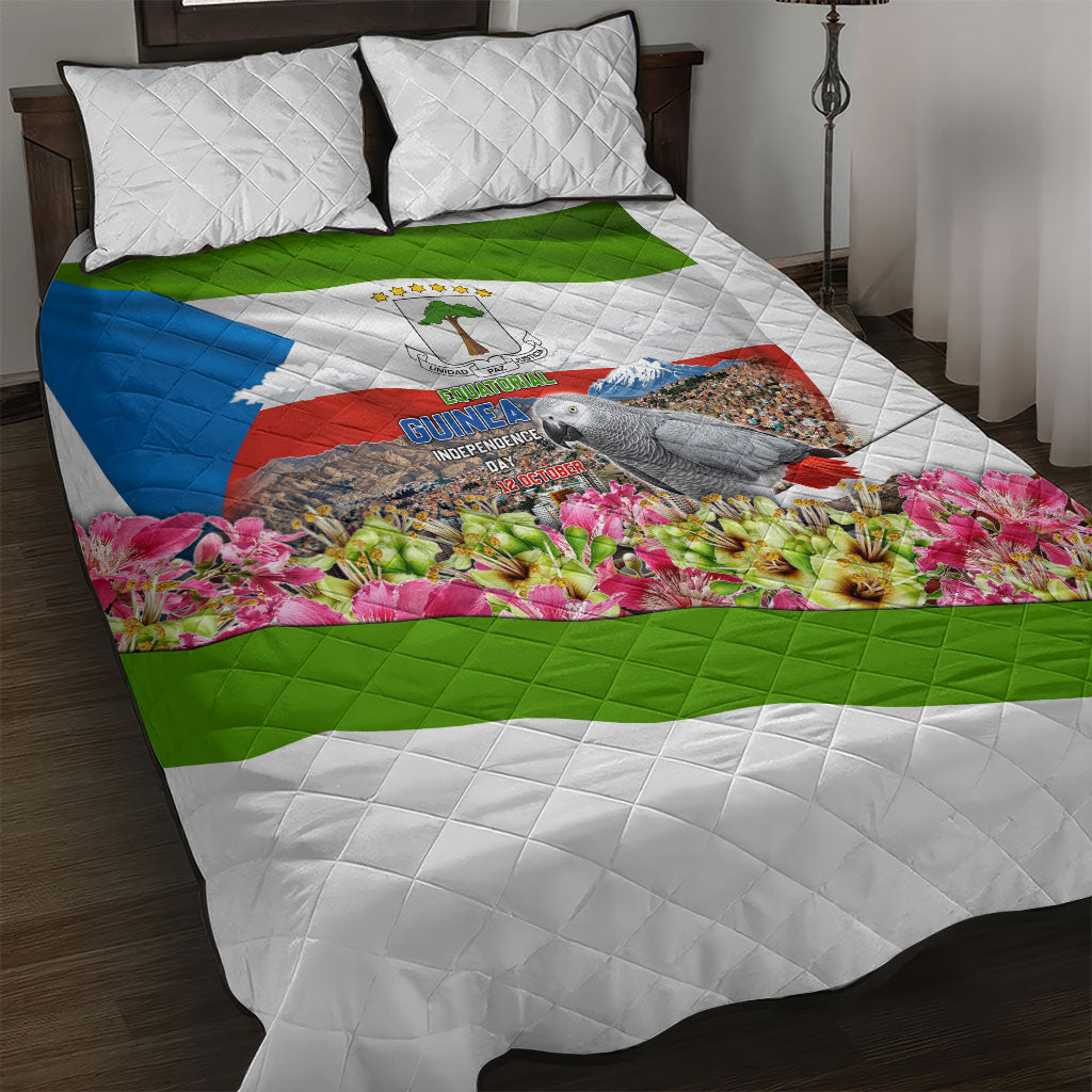 Equatorial Guinea Independence Day Parrot Quilt Bed Set Patriotic Flag Coat Of Arms Tropical Floral