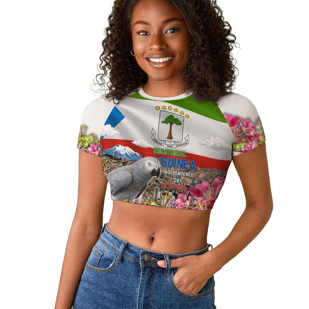 Equatorial Guinea Independence Day Parrot Raglan Cropped T shirt Patriotic Flag Coat Of Arms Tropical Floral