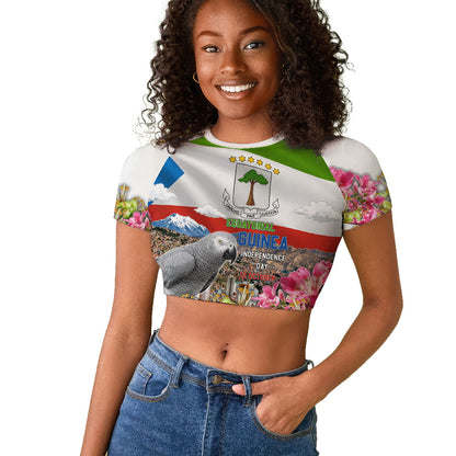Equatorial Guinea Independence Day Parrot Raglan Cropped T shirt Patriotic Flag Coat Of Arms Tropical Floral