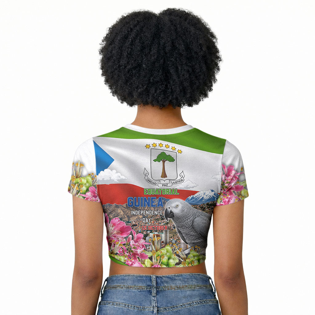 Equatorial Guinea Independence Day Parrot Raglan Cropped T shirt Patriotic Flag Coat Of Arms Tropical Floral