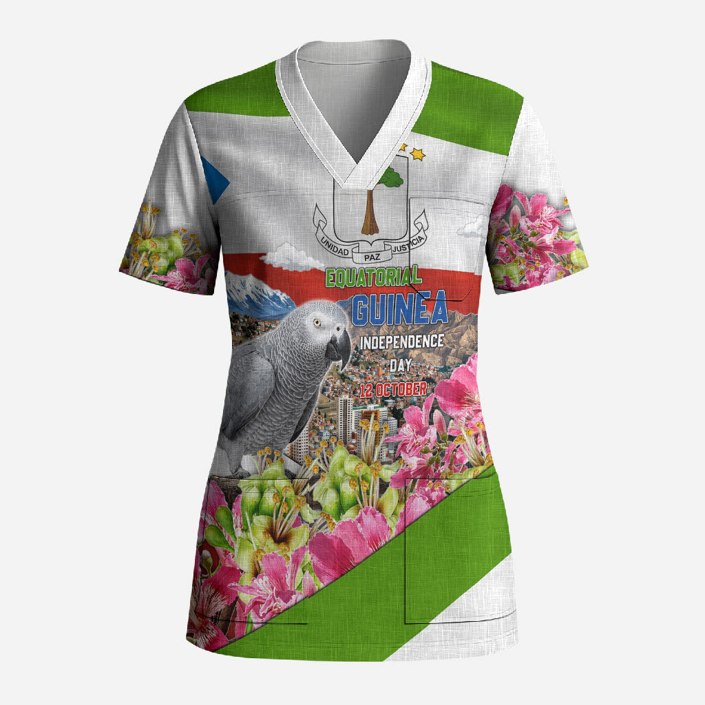 Equatorial Guinea Independence Day Parrot Scrub Top Patriotic Flag Coat Of Arms Tropical Floral