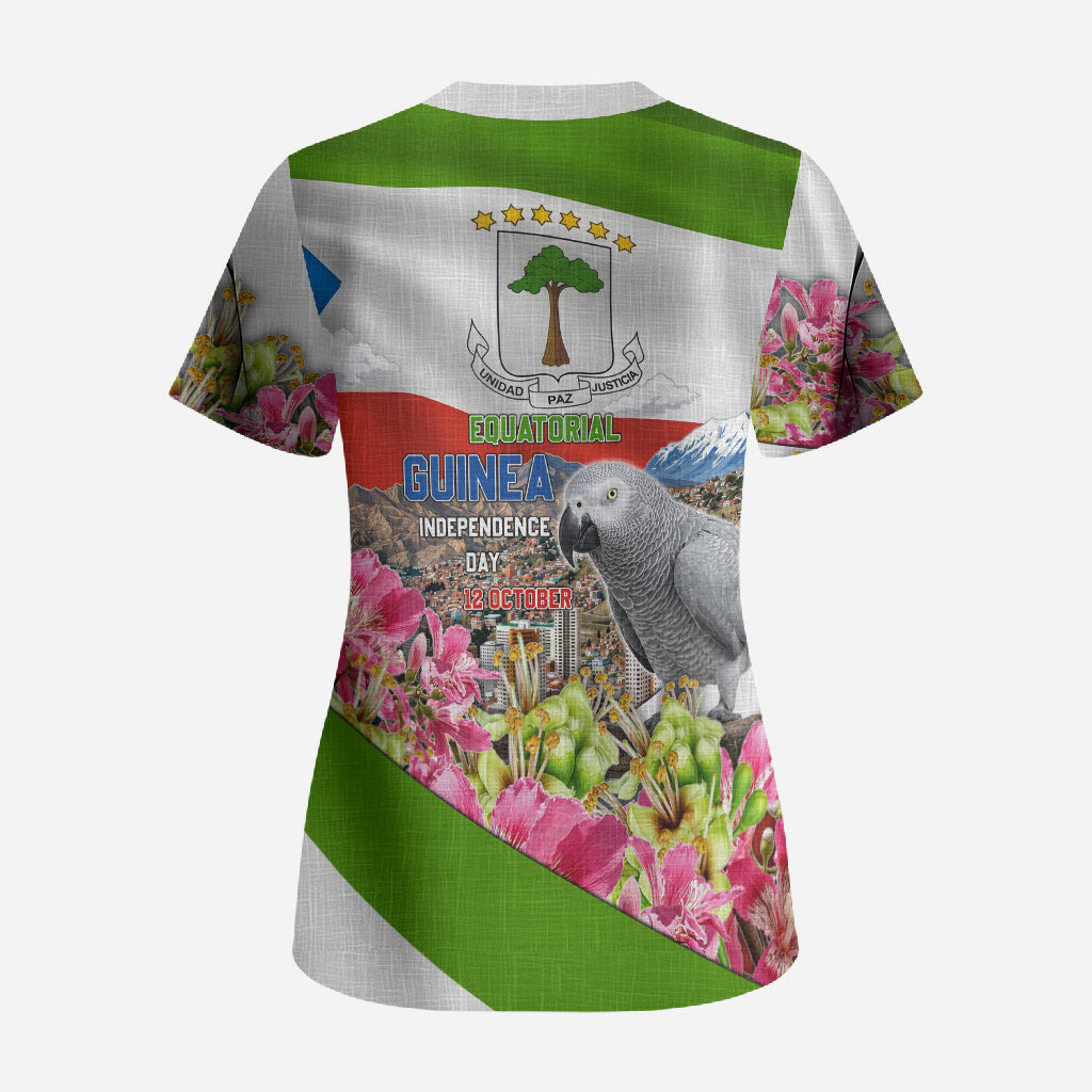 Equatorial Guinea Independence Day Parrot Scrub Top Patriotic Flag Coat Of Arms Tropical Floral