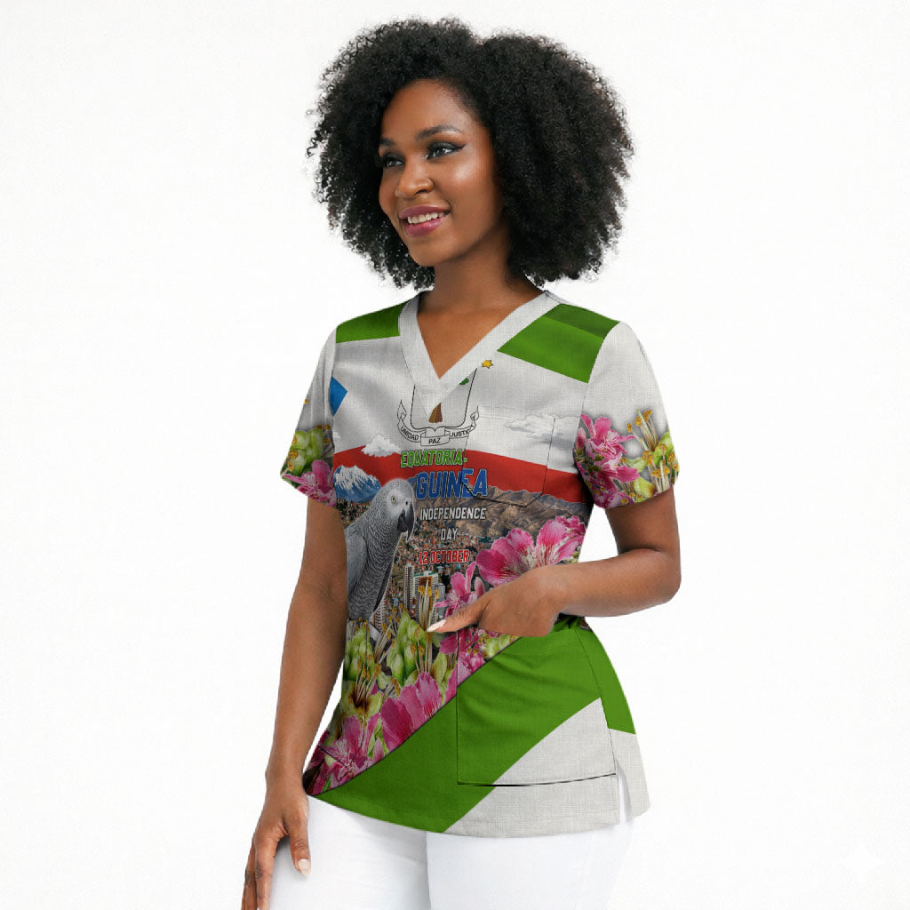 Equatorial Guinea Independence Day Parrot Scrub Top Patriotic Flag Coat Of Arms Tropical Floral