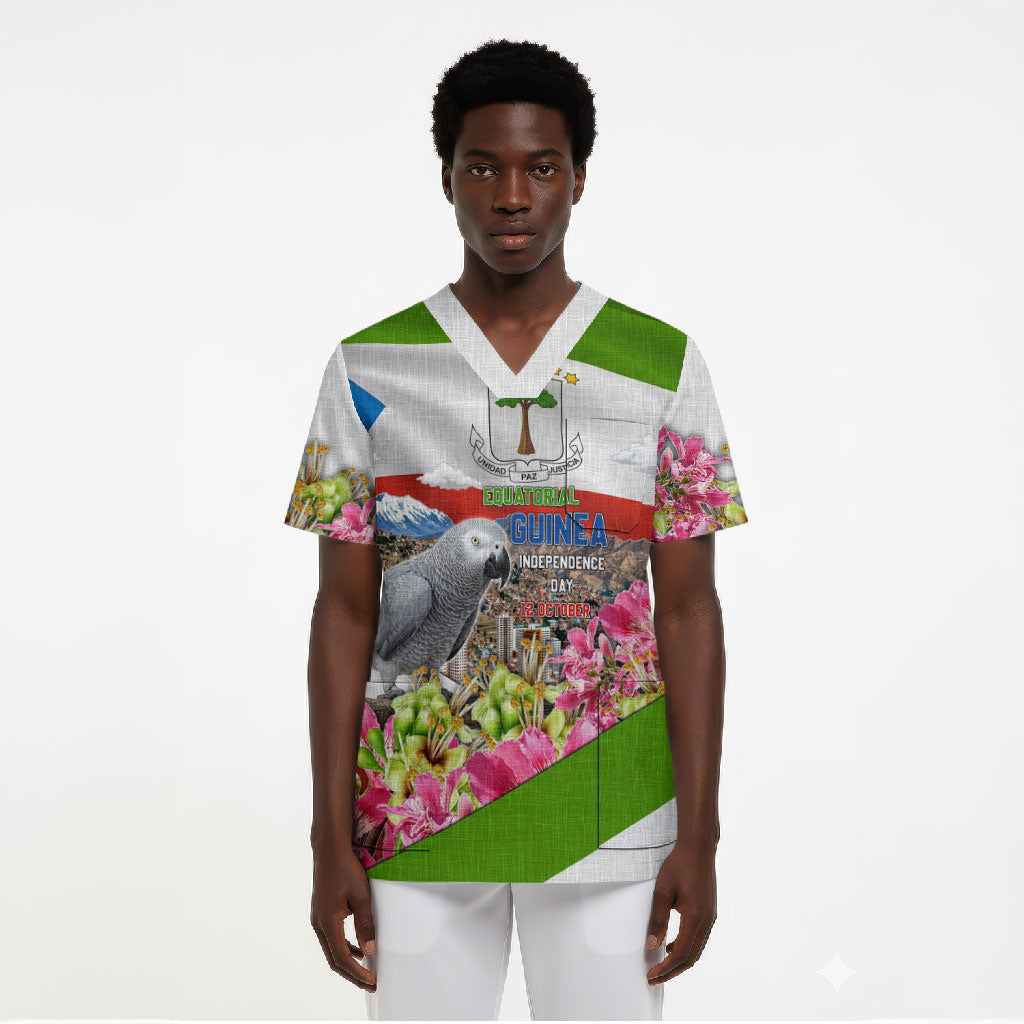 Equatorial Guinea Independence Day Parrot Scrub Top Patriotic Flag Coat Of Arms Tropical Floral